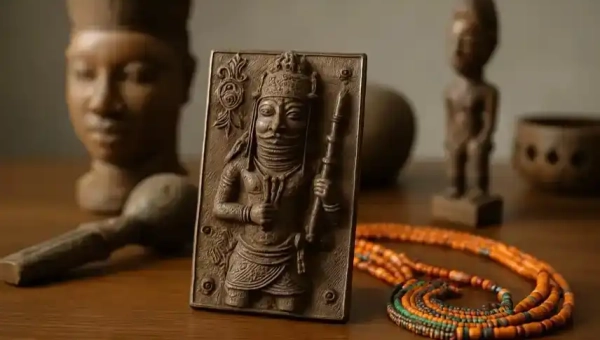 afrikanischer Kulturgüter – Nachstellung von Bronzen, Skulpturen und Schmuck als Illustration zum Thema Rückgabe kolonialer Objekte aus Deutschland.